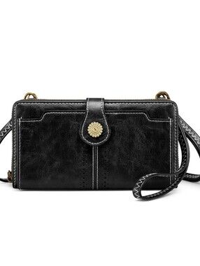 Classic Black Faux Leather Crossbody Wallet with Floral Button